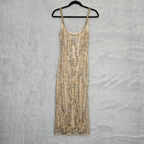 MAC DUGGAL Square Neck Golden Striped Sequin Sleeveless Midi Dress 8 - Picture 3 of 12